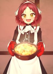 Rule 34 | 1girl, absurdres, aisha greyrat, antenna hair, apron, black dress, blush, child, commentary, cooking pot, cowboy shot, dress, female focus, food, gloves, green eyes, highres, holding, holding cooking pot, long sleeves, looking at viewer, maid, maid apron, maid headdress, medium hair, mushoku tensei, open mouth, red gloves, red hair, sidelocks, smile, solo, standing, taiyou-n, teeth, upper teeth only