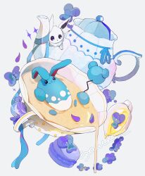 Rule 34 | absurdres, afloat, alternate color, azumarill, azurill, bad id, bad twitter id, black eyes, blue ribbon, blurry, candy, candy wrapper, closed mouth, commentary request, creatures (company), cup, cyauken (ouahloup), eevee, game freak, gen 1 pokemon, gen 2 pokemon, gen 3 pokemon, highres, lying, nintendo, no humans, on back, pokemon, pokemon (creature), pouring, ribbon, shiny pokemon, smile, teacup, teapot, white background, wrapped candy
