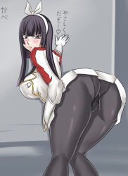 Rule 34 | 1girl, against wall, ass, bent over, black eyes, black hair, blush, breasts, cameltoe, fairy tail, female focus, from behind, gloves, hairband, highres, hime cut, kagura mikazuchi, large breasts, leaning, leaning forward, long hair, looking at viewer, looking back, military, military uniform, murabito sono2, panties, panties under pantyhose, pantyhose, sideboob, skirt, solo, translation request, underwear, uniform, upskirt