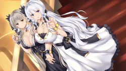 Rule 34 | 2girls, ahoge, arashiki mamizu, armlet, azur lane, bare shoulders, black dress, black nails, blue eyes, breasts, brown eyes, cleavage, collar, commentary request, dress, evening gown, formidable (azur lane), frilled collar, frills, holding hands, illustrious (azur lane), interlocked fingers, jewelry, large breasts, looking at viewer, low tied hair, multiple girls, nail polish, necklace, open mouth, smile, stairs, white dress, white hair