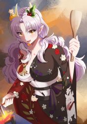 1girl absurdres blush breast_tattoo breasts commission cooking fire floral_print frying_pan highres holding holding_spoon horns indie_virtual_youtuber japanese_clothes kimono long_hair looking_at_viewer minisaurusrexel multicolored_clothes oni onigiri_(vtuber) onigiri_(vtuber)_(winter) open_mouth pointy_ears spoon tattoo tongue virtual_youtuber white_hair wooden_spoon yellow_eyes