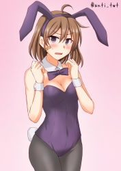 Rule 34 | 1girl, alternate costume, animal ears, anti (untea9), bandaid, bandaid on face, black pantyhose, bow, bowtie, breasts, brown hair, cleavage, covered navel, detached collar, fake animal ears, gradient background, hair between eyes, highres, kantai collection, leotard, looking at viewer, medium breasts, oboro (kancolle), open mouth, pantyhose, pink background, playboy bunny, purple bow, purple bowtie, purple leotard, rabbit ears, rabbit tail, short hair, solo, strapless, strapless leotard, tail, twitter username, wrist cuffs