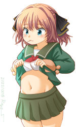 Rule 34 | 1girl, black ribbon, blue eyes, brown hair, clothes lift, cowboy shot, drawstring, green jacket, green sailor collar, green skirt, groin, hachijou (kancolle), hair ribbon, jacket, kantai collection, long sleeves, mouth hold, navel, neck ribbon, one-hour drawing challenge, pleated skirt, pom pom (clothes), ray.s, red ribbon, ribbon, sailor collar, school uniform, serafuku, shirt lift, short hair, simple background, skirt, smile, solo, white background