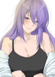 Rule 34 | 1girl, absurdres, black tank top, blonde hair, blush, breasts, byeon dha, cleavage, closed mouth, gradient eyes, hair between eyes, highres, hololive, hololive indonesia, large breasts, long hair, looking at viewer, moona hoshinova, multicolored eyes, multicolored hair, off shoulder, purple eyes, purple hair, shirt, smile, starry hair, tank top, two-tone hair, upper body, virtual youtuber