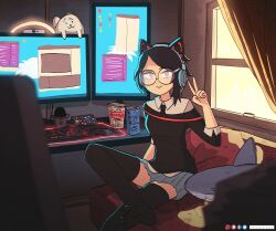 Rule 34 | 1girl, absurdres, alternate hairstyle, animal ear headphones, animal ears, arm at side, artist name, bespectacled, black hair, black necktie, black sweater, black thighhighs, blurry, blurry foreground, breasts, bright pupils, brown eyes, can, cat ear headphones, chair, commentary, computer, crossed legs, cup ramen, curtains, desk, drink can, dusk, energy drink, english commentary, fake animal ears, glasses, grey skirt, hair ornament, hairclip, hand up, headphones, highres, ikea shark, indoors, instagram logo, keetydraws, keyboard (computer), looking at viewer, marvel, microphone, monitor, mouse (computer), necktie, off shoulder, office chair, parted lips, patreon logo, peni parker, pleated skirt, ring light, round eyewear, shirttail, short hair, single horizontal stripe, sitting, skirt, small breasts, smile, soda can, spider-man: across the spider-verse, spider-man (series), spider-verse, spider-verse (comics), stuffed animal, stuffed shark, stuffed toy, sweater, swept bangs, swivel chair, teeth, thighhighs, toe socks, toes, tumblr logo, twitter logo, upper teeth only, v, webcam, white pupils, window, zettai ryouiki