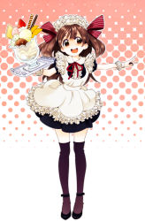 Rule 34 | 1girl, brown eyes, brown hair, female focus, food, full body, halftone, halftone background, ice cream, legs, maid, original, parfait, shoes, solo, thighhighs, tray, twintails, watomura, white background, zettai ryouiki