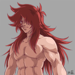 Rule 34 | 10s, 1boy, abs, bad id, bad pixiv id, grey background, heartcatch precure!, highres, kumojacky, long hair, male focus, mura (mu00), muscular, precure, red eyes, red hair, topless male, solo