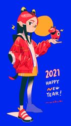 Rule 34 | 1girl, 2021, bad id, bad tumblr id, bandaid, bandaid on face, bandaid on nose, black hair, black leggings, blue background, chinese zodiac, circle, closed mouth, cow horns, expressionless, eyebrows, from side, full body, hand in pocket, hand up, happy new year, highres, holding, hood, hood down, hooded jacket, horns, jacket, leggings, legs apart, limited palette, long hair, long sleeves, looking at viewer, looking to the side, multicolored hair, new year, niwabuki, open clothes, open jacket, original, parted bangs, personification, red eyes, red footwear, red hair, red jacket, shirt, shoes, signature, silhouette, simple background, skirt, sneakers, solo, standing, straight hair, very long hair, white shirt, year of the ox, yellow skirt, zipper pull tab