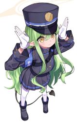 Rule 34 | 1girl, absurdres, armband, black jacket, black skirt, blue archive, blue armband, boots, breasts, buttoned cuffs, buttons, closed mouth, demon tail, double-breasted, foreshortening, from above, frown, full body, gloves, green hair, halo, hat, hikari (blue archive), highres, jacket, legs apart, looking at viewer, medium breasts, miniskirt, mirami (tatarim39), open hands, pantyhose, pleated skirt, pointy ears, rabbit pose, shako cap, shoulder boards, sidelocks, simple background, skirt, solo, standing, tail, wavy hair, white background, white gloves, white pantyhose, yellow eyes
