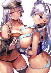 Rule 34 | 2girls, ass, asymmetrical docking, azur lane, bare shoulders, belfast (azur lane), black panties, black thighhighs, blue eyes, blush, braid, breast press, breasts, butt crack, chain, cleavage, collar, collarbone, commentary request, denchu (kazudentyu), elbow gloves, enterprise (azur lane), french braid, from behind, gloves, hat, highres, large breasts, long hair, looking at viewer, looking back, maid, maid headdress, multiple girls, navel, open mouth, panties, peaked cap, purple eyes, side braid, simple background, smile, thighhighs, underwear, very long hair, white background, white hair, white panties