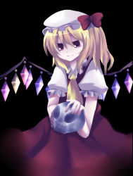 Rule 34 | 1girl, bad id, bad pixiv id, black background, blonde hair, blouse, collared shirt, female focus, flandre scarlet, hair between eyes, hat, kokoro na, mob cap, ribbon, shirt, simple background, skull, solo, standing, touhou, white hat, white shirt, wings