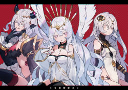 Rule 34 | 3girls, :&lt;, :/, angel, angel wings, breasts, bukurote, commission, crop top, cross, crown, demon, demon girl, demon horns, dress, expressionless, finger to mouth, gloves, halo, horns, long hair, looking at viewer, midriff, multiple girls, navel, original, pink eyes, pixiv commission, short shorts, shorts, smirk, thighhighs, thighs, white hair, wings