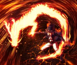 Rule 34 | 1boy, ascot, blonde hair, dragon, fire, goggles, goggles on headwear, gradient background, hat, highres, jacket, magic, male focus, one piece, sabo (one piece), scar, solo, top hat
