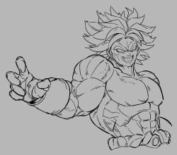 Rule 34 | 1boy, abs, absurdres, bacelet, bamman, broly (dragon ball z), clenched teeth, dragon ball, dragonball z, evil grin, evil smile, grey background, greyscale, grin, highres, lineart, male focus, monochrome, muscular, muscular male, no pupils, simple background, sketch, smile, solo, spiked hair, teeth, topless male