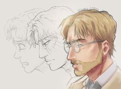 Rule 34 | 1boy, age progression, beard, blonde hair, cammy (cammyscreations), child, facial hair, facial mark, from side, glasses, looking ahead, male focus, partially colored, profile, remembering, round eyewear, scared, shingeki no kyojin, short hair, zeke yeager
