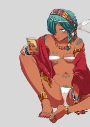 Rule 34 | 1girl, absurdres, anklet, aqua eyes, aqua hair, aqua nails, armlet, barefoot, bodypaint, bracelet, braid, breasts, bright pupils, cameltoe, cellphone, closed mouth, dark-skinned female, dark skin, earrings, feet, female focus, grey background, groin, groin tendon, hair over one eye, hairband, headband, highres, holding, holding phone, jewelry, looking at phone, medium breasts, nail polish, navel, navel piercing, necklace, o-ring, ononaka akihiro, phone, piercing, ring, short hair with long locks, side braid, simple background, sitting, smartphone, solo, strapless, toenail polish, toenails, toes, tribal, tube top, white pupils