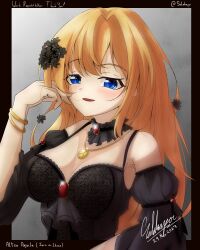 Rule 34 | 1girl, altea aquila (jain no ikenie), black dress, blonde hair, blush, breasts, character name, cleavage, copyright name, dress, flower, hair flower, hair ornament, hand in own hair, isalakapoii, jain no ikenie, jewelry, long hair, looking at viewer, open mouth, pendant, signature, smile, twitter username