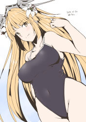 Rule 34 | 1girl, artist name, black one-piece swimsuit, blonde hair, blue background, breasts, brooklyn (kancolle), collarbone, competition swimsuit, covered navel, dated, flower, gradient background, hair flower, hair ornament, headgear, highres, kantai collection, long hair, looking at viewer, medium breasts, one-piece swimsuit, red eyes, smile, solo, split mouth, swimsuit, taira yuuki
