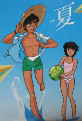 Rule 34 | 1986, 1boy, 1girl, 80s, age difference, artist request, bad source, beach, bikini, blue sky, bow, brother and sister, green eyes, green jammers, green male swimwear, gundam, gundam zz, hair ornament, haro, hat, highres, jammers, judau ashta, leina ashta, looking at another, male swimwear, ocean, official art, oldschool, open mouth, playing, retro artstyle, siblings, sky, straw hat, swimsuit, teeth