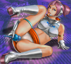 Rule 34 | 1girl, arm support, armlet, bare shoulders, blue eyes, boots, clothes lift, crop top, gloves, headphones, high heel boots, high heels, highres, knee boots, leg up, lipstick, looking at viewer, lying, makeup, microphone, midriff, miniskirt, on side, open mouth, panties, parted lips, pink hair, platform footwear, shiny skin, shoes, short twintails, skirt, skirt lift, solo, space channel 5, spread legs, thigh strap, toten (der fuhrer), twintails, ulala, underwear, upskirt, white panties