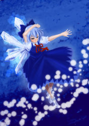 Rule 34 | 1girl, blue bow, blue dress, blue hair, bow, cirno, closed mouth, danmaku, dress, embodiment of scarlet devil, female focus, full body, hair bow, ice, ice wings, neck ribbon, puffy short sleeves, puffy sleeves, red ribbon, ribbon, shirt, short hair, short sleeves, snow, socks, solo, touhou, white shirt, wings