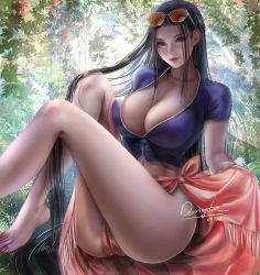 Rule 34 | 1girl, barefoot, black hair, blue eyes, breasts, cleavage, donyta, feet, glasses, glasses on head, knees up, large breasts, long hair, looking at viewer, nail polish, nature, nico robin, one piece, outdoors, shirt, sitting, skirt, smile, toes, unzipped, very long hair, water, wrapped