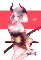 Rule 34 | 1girl, ahoge, artist name, bad id, bad pixiv id, bare shoulders, blue eyes, blush, breasts, cleavage, closed mouth, collarbone, grey hair, hair ornament, highres, horns, japanese clothes, kimono, kimono skirt, large breasts, leg up, looking at viewer, obi, off shoulder, original, pointy ears, sandals, sash, shale, sheath, sheathed, short hair, solo, swept bangs, sword, twitter username, weapon, white background, x hair ornament