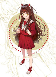 Rule 34 | 1girl, absurdres, animal ears, bow, brown hair, closed mouth, facial mark, fake animal ears, fingernails, food, food in mouth, full body, glasses, hairband, highres, holding strap, kitada mo, long hair, looking at viewer, mouth hold, nail polish, original, pleated skirt, pocky, red-framed eyewear, red footwear, red nails, red serafuku, red shirt, red skirt, red socks, round eyewear, sailor collar, school uniform, serafuku, shirt, shoes, skirt, socks, solo, standing, very long hair, whisker markings, white bow, white hairband, white sailor collar, yellow eyes, zoom layer