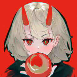 Rule 34 | 1girl, blonde hair, blush, chromatic aberration, ear chain, ear piercing, eyeshadow, fishofthelakes, food, fruit, green pupils, hand up, highres, holding, holding food, holding fruit, horns, looking at viewer, makeup, oni, original, piercing, portrait, red background, red eyes, red eyeshadow, red theme, short hair, solo