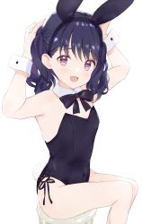 Rule 34 | 1girl, animal ears, armpits, arms up, bare legs, bare shoulders, black bow, black bowtie, black hair, black leotard, blush, bow, bowtie, bunny day, commentary request, detached collar, fake animal ears, fangs, fukumaru koito, highres, idolmaster, idolmaster shiny colors, leotard, looking at viewer, monon tulle, open mouth, playboy bunny, purple eyes, rabbit ears, rabbit tail, sitting, skin fangs, solo, strapless, strapless leotard, sweatdrop, tail, twintails, wrist cuffs