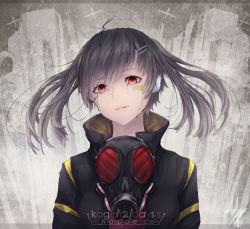 Rule 34 | 1girl, aircraft, bandage on face, bandages, black hair, blood, bloody tears, building, ene (kagerou project), enomoto takane, gas mask, gradient background, hair ornament, headphones, highres, jacket, kagerou project, long hair, marumoru, mask, polka dot, polka dot background, red eyes, short hair, skyscraper, solo, twintails