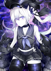 Rule 34 | 10s, 1girl, abyssal ship, amputee, black gloves, collar, collarbone, cuffs, destroyer princess, gloves, hair between eyes, kantai collection, long hair, midriff, navel, pale skin, purple eyes, rui shi (rayze ray), sailor collar, side ponytail, sitting, solo, white hair