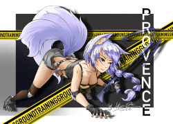 Rule 34 | 1girl, absurdres, all fours, animal ear fluff, animal ears, arknights, arrow (projectile), ass, bare shoulders, black gloves, bow (weapon), braid, breasts, brown eyes, camisole, character name, chinese commentary, cleavage, commentary request, crossbow, dated, drop shadow, elbow pads, fingerless gloves, gloves, grey shorts, highres, holding, holding bow (weapon), holding crossbow, holding weapon, huge filesize, knee pads, long hair, medium breasts, midriff, pointy ears, provence (arknights), purple hair, quiver, short shorts, shorts, signature, single braid, solo, spaghetti strap, tail, thighhighs, thighs, vitaminqin, weapon, wolf ears, wolf tail