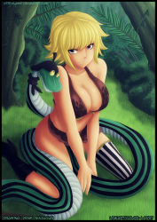 Rule 34 | 1girl, amazon lily, amazon warrior, asymmetrical clothes, blonde hair, boots, breasts, brown eyes, cleavage, collaboration, highres, kneeling, loincloth, marguerite (one piece), one piece, snake, striped clothes, striped thighhighs, thighhighs, vertical stripes