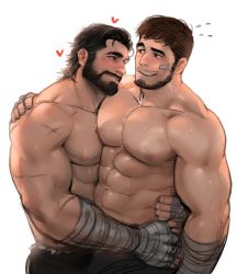Rule 34 | 2boys, abs, bandages, bara, beard, black hair, blush, body hair, brown hair, couple, dopey (dopq), facial hair, hand on another&#039;s waist, highres, large pectorals, male focus, manly, multiple boys, muscular, nipples, original, pectoral docking, pectoral press, pectorals, simple background, smile, sweat, upper body, yaoi