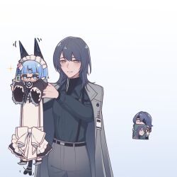Rule 34 | 3girls, angon623, animal ears, apron, armpit carry, belt, black hair, black shirt, black undershirt, blue background, blue eyes, blue hair, blush, book, bow, cat ears, cat girl, chibi, chief (path to nowhere), coat, coat on shoulders, collared shirt, eyepatch, fake animal ears, female chief (path to nowhere), gradient background, grey coat, grey eyes, grey pants, hecate (path to nowhere), holding drawing, id card, labyrinth (path to nowhere), longcat (meme), maid, maid apron, maid headdress, meme, motion lines, multiple girls, one eye covered, pants, path to nowhere, price tag, shirt, sleeves past fingers, sleeves past wrists, smile, star (symbol), waist bow, wide sleeves