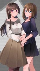 Rule 34 | 2girls, :d, alternate costume, black skirt, blue eyes, blue shirt, breasts, brown hair, brown skirt, casual, choukai (kancolle), collarbone, glasses, grey shirt, grin, hair between eyes, hair ornament, hand grab, highres, kantai collection, long hair, long skirt, long sleeves, maya (kancolle), multiple girls, no headwear, no headwear, open mouth, own hands together, pantyhose, patterned background, puffy long sleeves, puffy sleeves, purple legwear, rimless eyewear, shirt, short hair, skirt, sleeves past elbows, small breasts, smile, standing, straight hair, teeth, x hair ornament, yunamaro