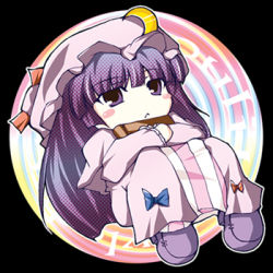 Rule 34 | 1girl, blush stickers, book, crescent moon, female focus, full body, hat, looking at viewer, lowres, lying, moon, patchouli knowledge, purple eyes, purple hair, ribbon, solo, touhou