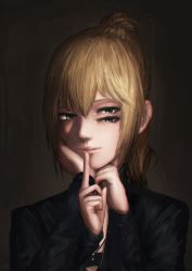 Rule 34 | 1girl, artist name, black jacket, blonde hair, brown background, extra arms, extra eyes, finger to mouth, green eyes, hand on own cheek, hand on own chin, hand on own face, highres, index finger raised, jacket, joki yoh, lips, long hair, long sleeves, looking at viewer, nose, open clothes, open jacket, original, parted lips, ponytail, shushing, solo, tsurime, upper body