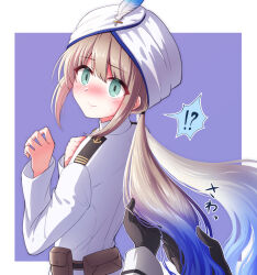 Rule 34 | !?, 1boy, 1other, anchor symbol, belt pouch, black gloves, blue hair, blush, border, brown hair, captain nemo (fate), closed mouth, commentary request, fate/grand order, fate (series), from behind, gloves, gradient hair, green eyes, hair between eyes, hand on own chest, hands up, hat feather, highres, holding another&#039;s hair, long hair, long sleeves, looking at viewer, looking back, low twintails, male focus, military, military uniform, multicolored hair, naval uniform, nemo (fate), nose blush, out of frame, outside border, pouch, pov, pov hands, purple background, shell ocean, sidelocks, simple background, solo focus, spoken interrobang, surprised, sweatdrop, turban, twintails, uniform, white border, white headwear, wide-eyed
