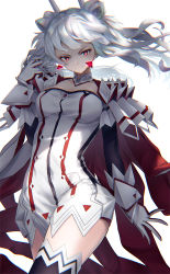 Rule 34 | 1girl, armor, breasts, cape, choker, collarbone, din (flypaper), dress, earrings, floating hair, gloves, hair between eyes, hair ornament, highres, jewelry, long hair, looking at viewer, medium breasts, multicolored clothes, phantasy star, phantasy star online 2, red eyes, sega, shiva (pso2), smile, solo, thighhighs, twintails, white hair