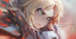 Rule 34 | 1girl, armor, blonde hair, blurry, blurry background, close-up, closed mouth, commentary, fate/grand order, fate (series), gray bear, green eyes, lips, long hair, mordred (fate), mordred (fate/apocrypha), parted bangs, patreon username, ponytail, solo, twitter username, watermark, web address