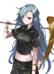 Rule 34 | 1girl, alan (210bush), arm strap, back bow, blue eyes, blue hair, bow, breasts, closed mouth, collared shirt, commentary request, cowboy shot, gold, green shirt, green skirt, highres, himemushi momoyo, holding, holding pickaxe, jewelry, long hair, medium breasts, messy hair, midriff, navel, orange bow, pickaxe, ring, serious, shirt, short sleeves, simple background, skirt, skirt set, stomach, touhou, v-shaped eyebrows, very long hair, white background