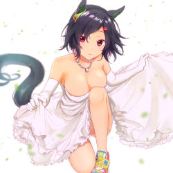 Rule 34 | 1girl, animal ears, ayame iro (toumei dolce), bandaid, bandaid on face, bare shoulders, black hair, blurry, blurry background, breasts, cleavage, dress, elbow gloves, gloves, highres, horse ears, horse girl, horse tail, jewelry, knee up, looking at viewer, medium breasts, necklace, on one knee, parted bangs, parted lips, red eyes, shoes, short hair, skirt hold, sneakers, solo, strapless, strapless dress, tail, umamusume, white dress, white gloves, winning ticket (umamusume)