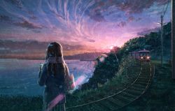 Rule 34 | 1girl, blue jacket, blue skirt, blue sky, brown hair, cellphone, cloud, facing away, from behind, highres, holding, holding phone, jacket, kai sei, light particles, long sleeves, ocean, original, outdoors, phone, pier, pleated skirt, power lines, purple sky, railroad tracks, scarf, scenery, skirt, sky, smartphone, solo, train, utility pole