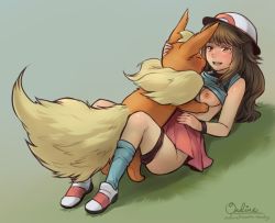 Rule 34 | 1girl, bestiality, blue legwear, blush, breasts, brown eyes, brown hair, clothes lift, covered erect nipples, creatures (company), flareon, game freak, gen 1 pokemon, hat, large areolae, leaf (pokemon), long hair, loose socks, medium breasts, missionary, nintendo, nipples, no bra, open mouth, panties, panties around leg, pokemon, pokemon (creature), pokephilia, roarke (lavenderincubus), sex, shirt lift, shoes, simple background, skirt, socks, tail, underwear, vaginal, watermark, web address
