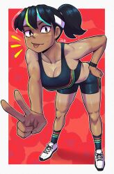 Rule 34 | 1girl, :p, absurdres, artist name, black hair, black sports bra, border, breasts, brown eyes, commentary, dark-skinned female, dark skin, dolphin shorts, english commentary, full body, headband, highres, leaning forward, looking at viewer, medium breasts, multicolored hair, muscular, original, ponytail, shoes, shorts, smile, socks, solo, sports bra, sportswear, standing, tan, tanline, the jieb, tongue, tongue out, v, white headband, yeet-chan (the jieb)