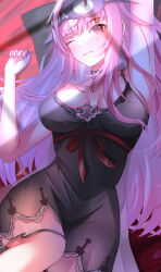 Rule 34 | 1girl, absurdres, black choker, black nightgown, blush, breasts, choker, earrings, highres, hololive, hololive english, jewelry, large breasts, long hair, looking at viewer, mask, mask on head, messy hair, mori calliope, mori calliope (sleepwear), nightgown, one eye closed, pink hair, red eyes, red ribbon, ribbon, single earring, skull earrings, sleep mask, sleepwear, smile, solo, virtual youtuber, zacky