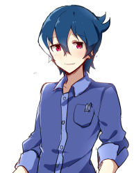 Rule 34 | 10s, 1boy, akiba&#039;s trip, akiba&#039;s trip the animation, bloom, blue hair, blue shirt, closed mouth, denkigai tamotsu, funkunsan, highres, long sleeves, looking at viewer, male focus, multicolored hair, red eyes, shirt, simple background, sleeves rolled up, smile, solo, streaked hair, upper body, white background