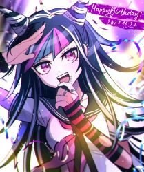 Rule 34 | 1girl, arm up, black hair, black sailor collar, blue hair, breasts, collarbone, commentary request, danganronpa (series), danganronpa 2: goodbye despair, dated, detached sleeves, hair horns, hand up, happy birthday, jewelry, large breasts, long hair, mikao (eanv5385), mioda ibuki, multicolored background, multicolored hair, neckerchief, open mouth, piercing, pink eyes, pink hair, pink neckerchief, ring, sailor collar, salute, school uniform, scrunchie, serafuku, smile, striped sleeves, torn clothes, torn sleeves, upper body, white hair, wrist scrunchie
